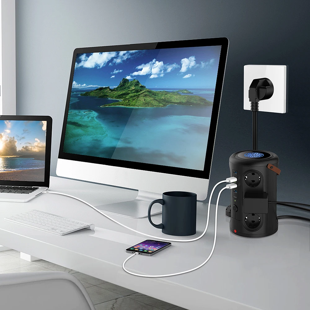 Tower Multi Power Strip Vertical EU Plug 12 Outlets Sockets with 4USB+1 TYPE-C Overload Protector Switch Multiple | Электроника