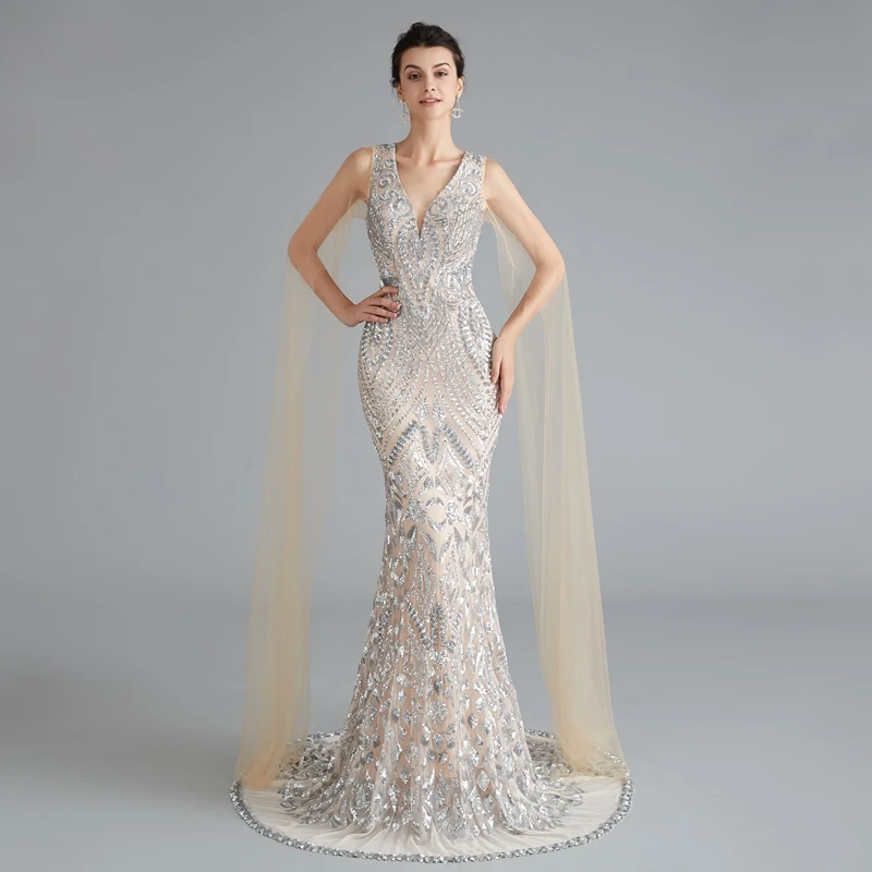 Женское вечернее платье с юбкой годе золотистое длинное прозрачное кружевное