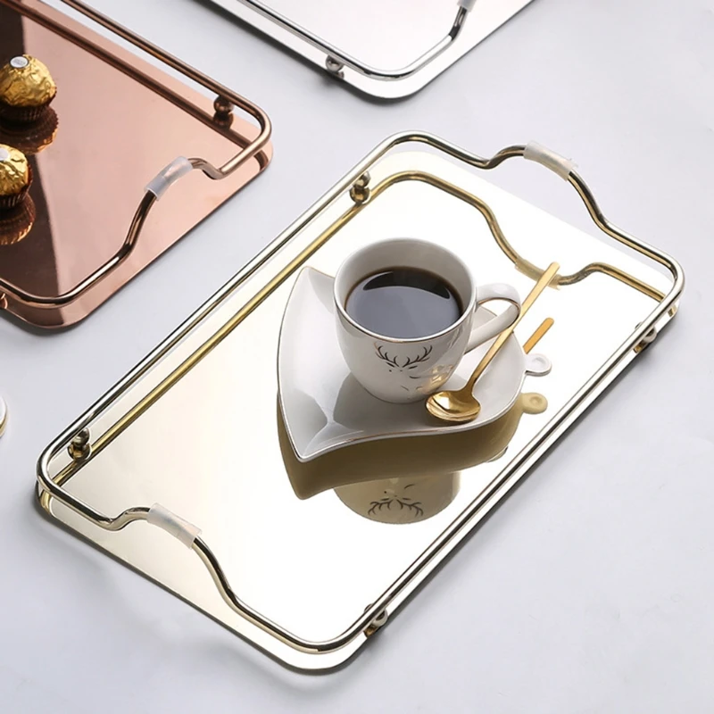 

Nordic Style Rectangular Stainless Steel Mirror Tray with Handles Coffee Bar Food Serving Trays Elegant Teapot Cup Storage