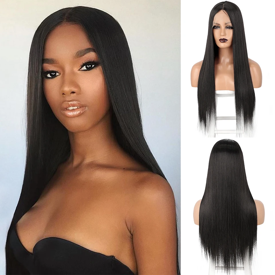 Длинные прямые черные синтетические кружевные передние Искусственные парики