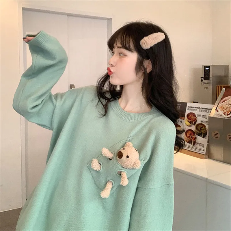 

Harajuku Loose Solid Sweater Women's Cute Bear Sweaters Japanese Kawaii Ulzzang Clothing Females Autumn Oversize Pullover Tops