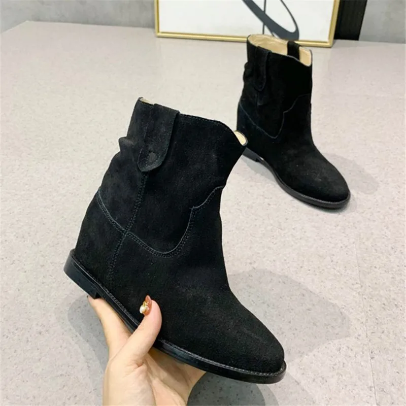 

Черные замшевые женские ботильоны, увеличивающие рост короткие ботинки 6 см, женские ботинки челси без шнуровки, осенние женские ботинки на ...