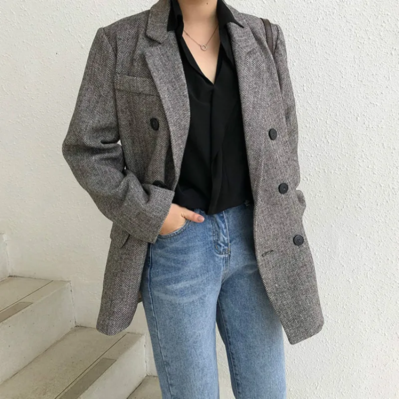 Шерстяное пальто на осень и зиму женское повседневное длинное серое двубортное