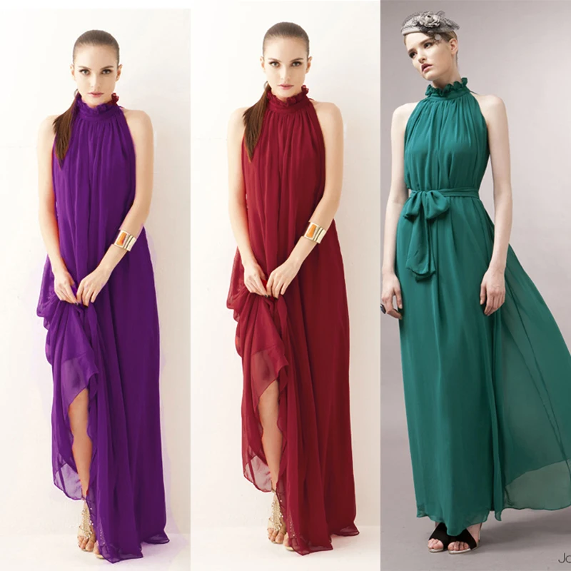 Длинное шифоновое элегантное платье подружки невесты красное гость воротник без