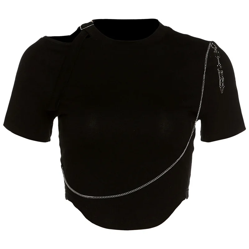 

2021 Street Fashion Summer New Women's Pure Color Slim Chain Hollow Navel T-shirt gothic punk clothes women sexy tops