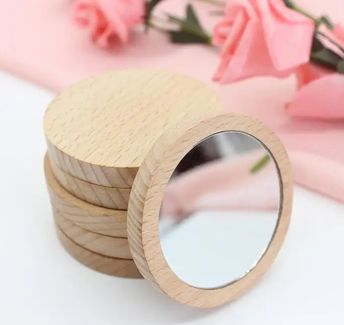 

100pcs Wood Small Round Mirror Portable Pocket Mirror Wooden Mini Makeup Mirror Wedding Party Favor Gift Custom Logo#832023