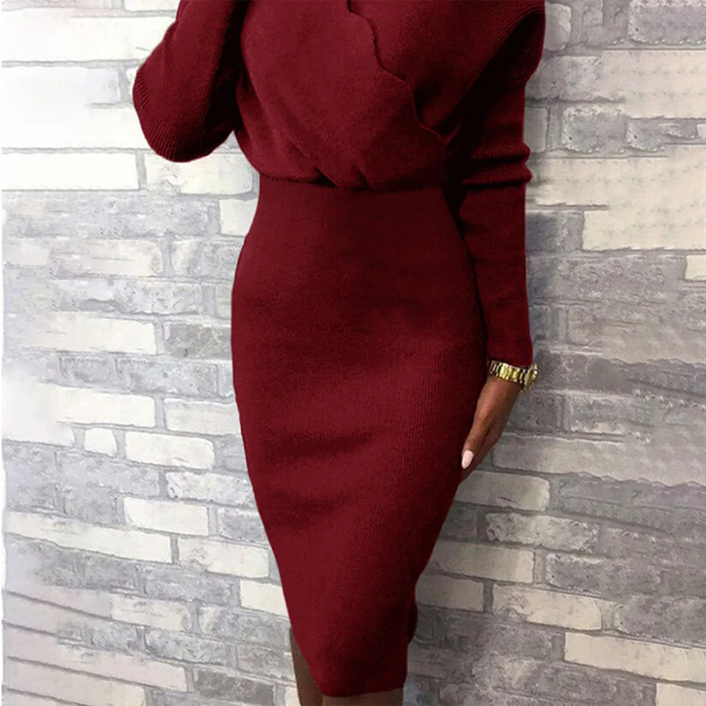 

Women Sexy Knitted Ruffled Bodycon Midi Dress 2021 Spring Autumn Fashion Pure Color Office Skinny Dresses Woman Pencil