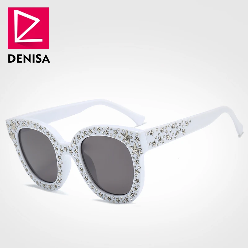 DENISA Star шипованные кошачий глаз солнцезащитные очки женские модные черные солнцезащитные очки с серебряными звездами женские солнцезащитные очки Роскошные очки G5700