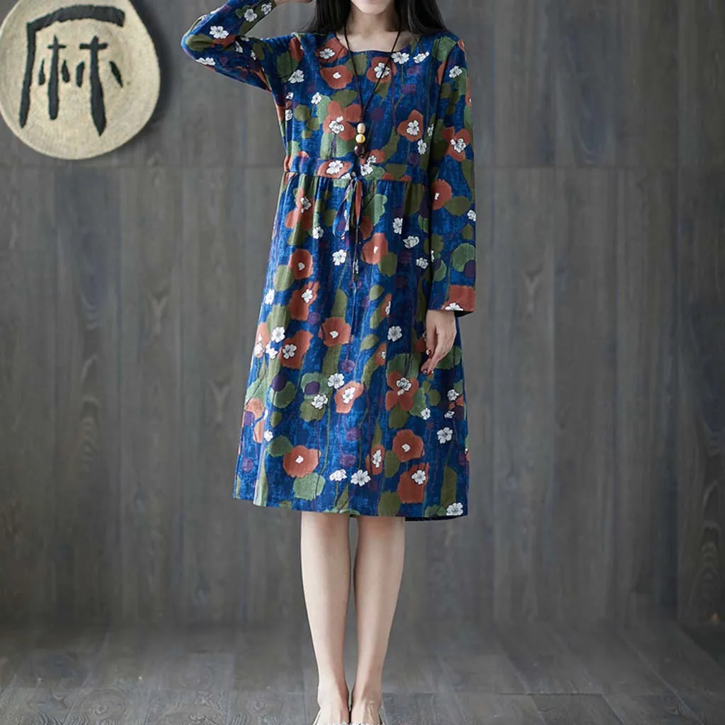 Осеннее платье женское богемное миди синее винтажное повседневное элегантное с