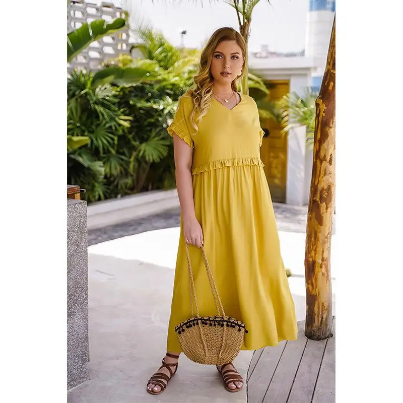 Женское повседневное длинное платье с оборками желтое Элегантное макси-платье
