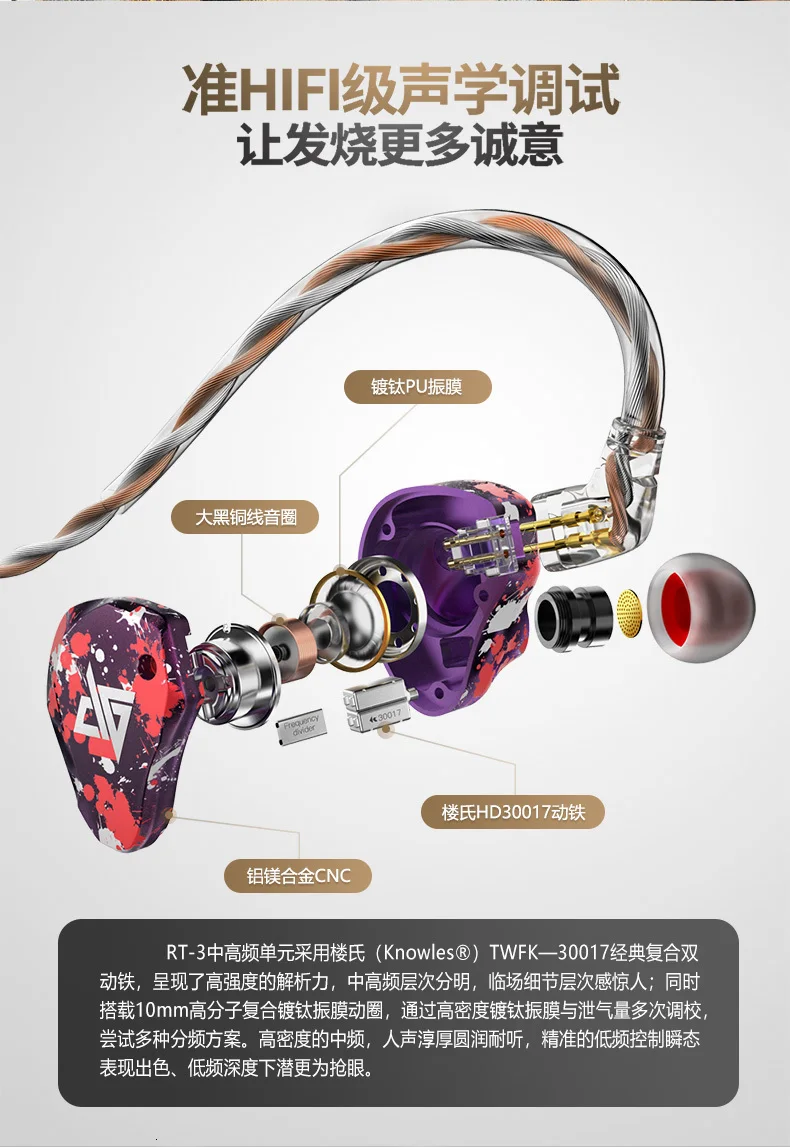 AUGLAMOUR RT-3 1DD+ 2BA Hi-Fi гибридная технология в ухо монитор наушник бас гарнитура наушник со съемным кабелем