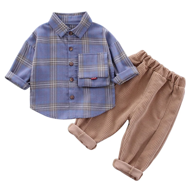 2Pcs/set Baby Boy Summer Cotton Long Sleeve Three-Dimensional Pocket Plaid Pattern Shirt + Corduroy Trousers Casual Set |