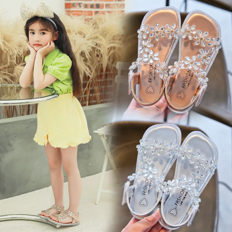 

Summer Girls Sandals Children Princess Shoes Fashion Students Sandals Crystal Flowers Soft Bottom Breathable Kids Party Shoes