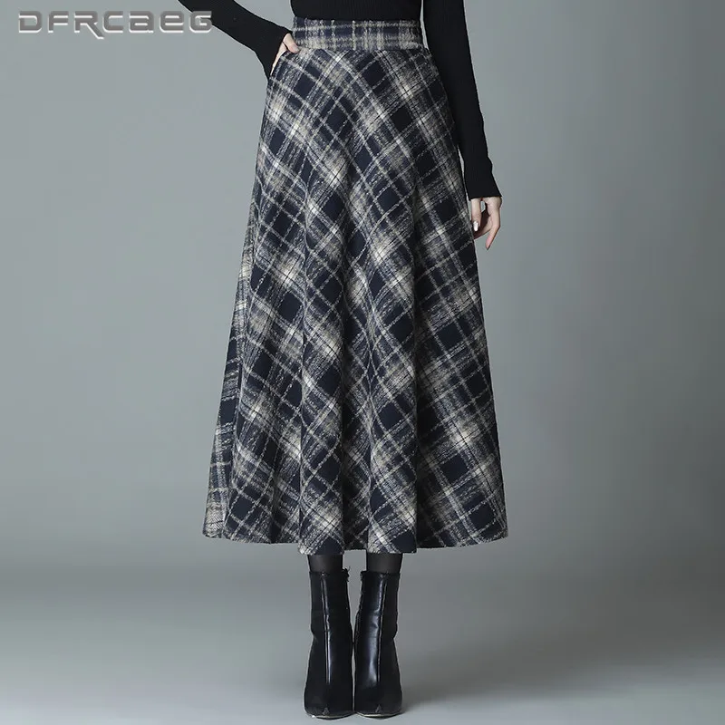 

Elegant Thicken Vintage Plaid Women Woollen Maxi Skirt Winter 2021 High Waist Casual Wool A-Line Saias Longas Female