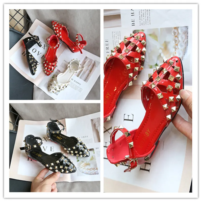 Сандалии с острым носком на низком каблуке для девочек 2020 сандалии заклепками