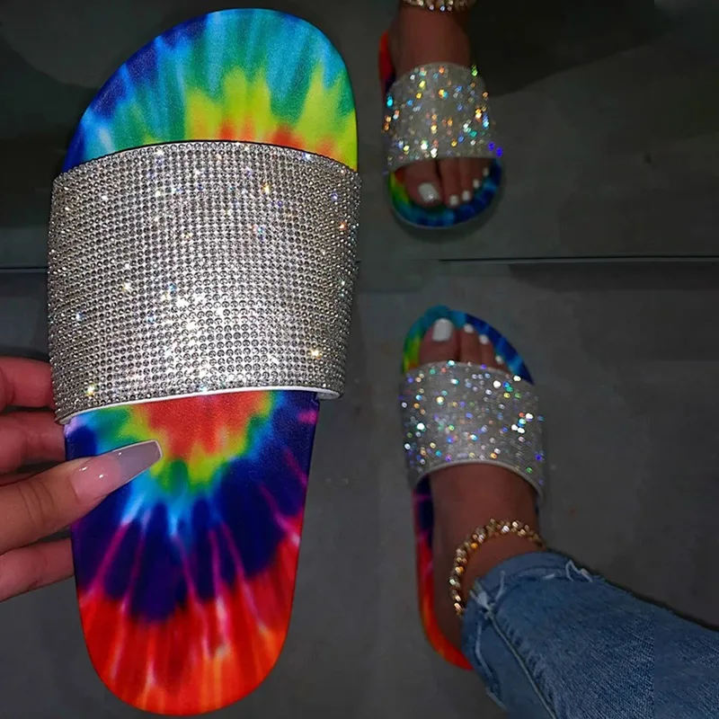 Фото 2020 женские шлепанцы с блестками на плоской подошве повседневная обувь яркими