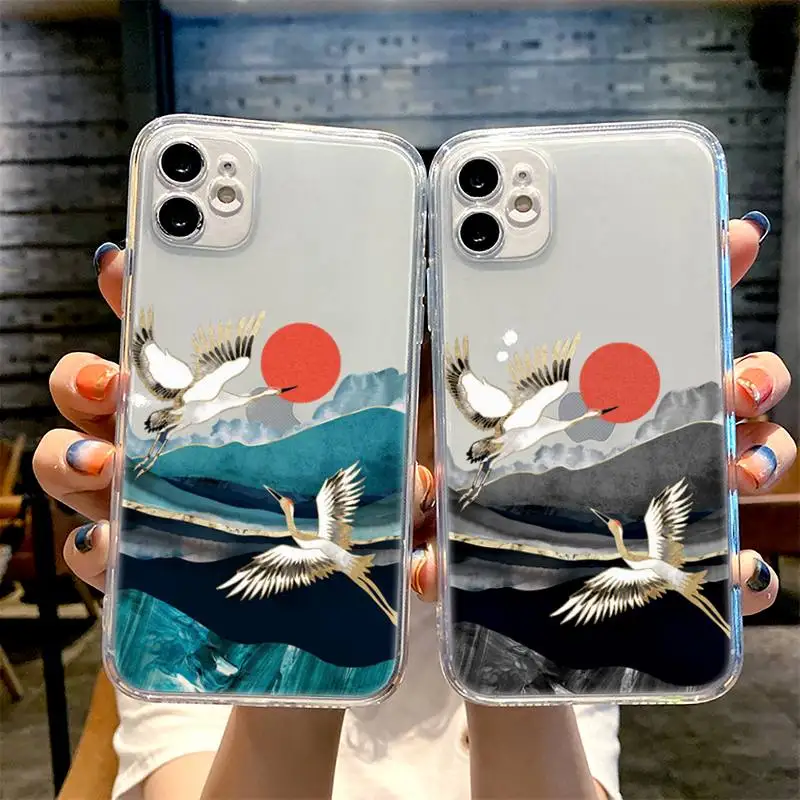 

Chinese style Red-crowned crane Phone Case for iphone 12 11 XS 13 pro max mini 6 6s 7 8 plus SE2020 X XR transparent clear coque