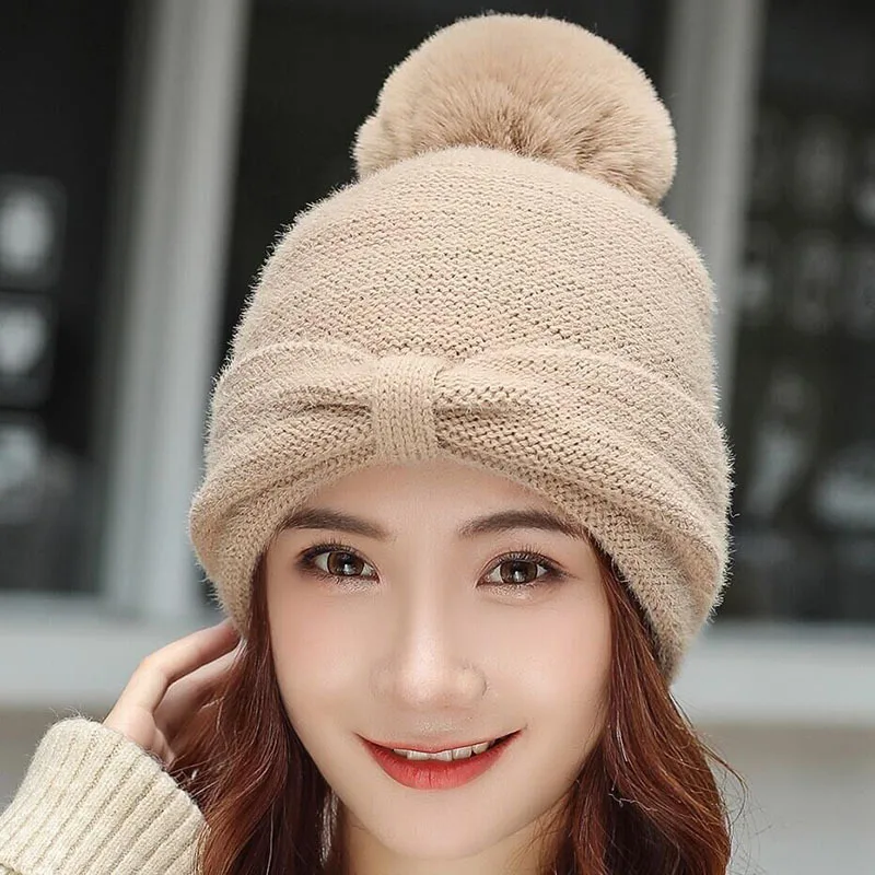 Новая осенняя и зимняя шапка Женская шерстяная с ворсом теплый вязаный бантом