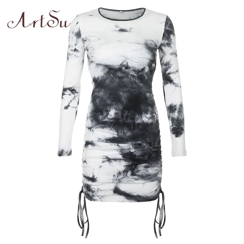 

Artsu 2020 осеннее уличное мини-платье с длинными рукавами, женское облегающее Повседневное платье с рюшами, элегантное винтажное платье AS41297