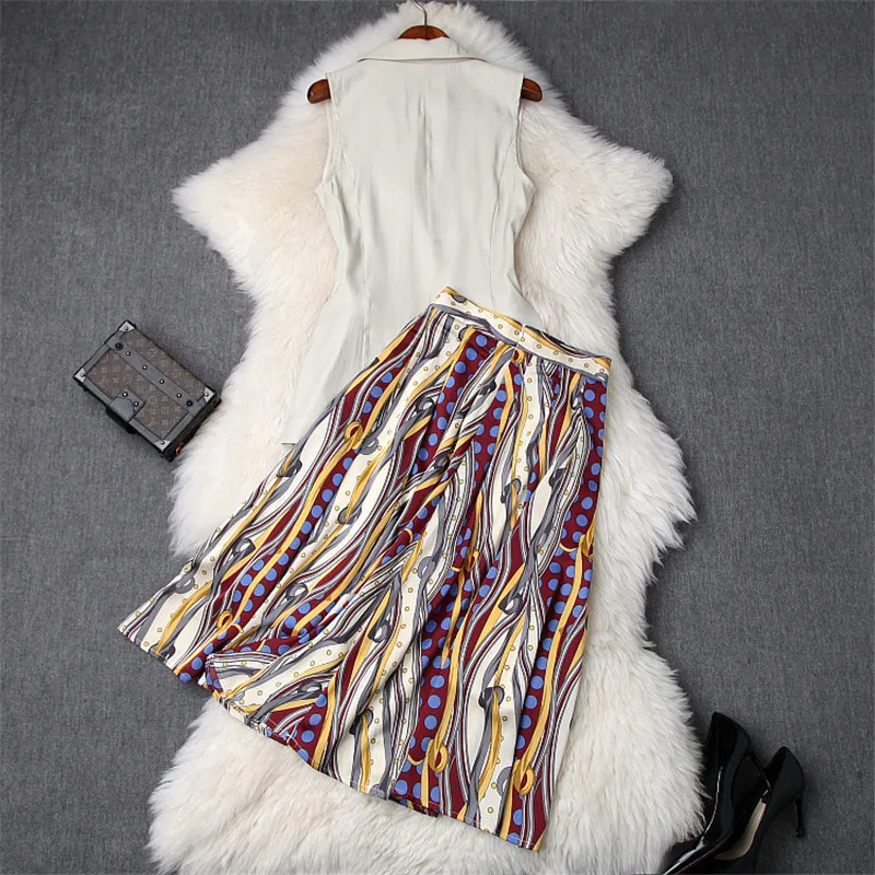 

Fashion Designer Summer Runway 2Piece Skirt Set Women 2019 New Elegant OL Outfits Notched Collar Vest and Print Skirt Suit Sets