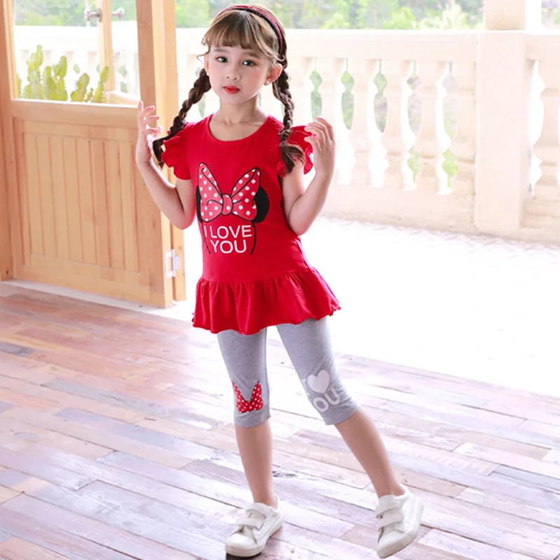 

Girls Short Sleeve Cotton Top+pant Suits Two Pieces Legging Sets Children Summer 2Pcs Casual Toddler Clohtes for 3-9Y Kids