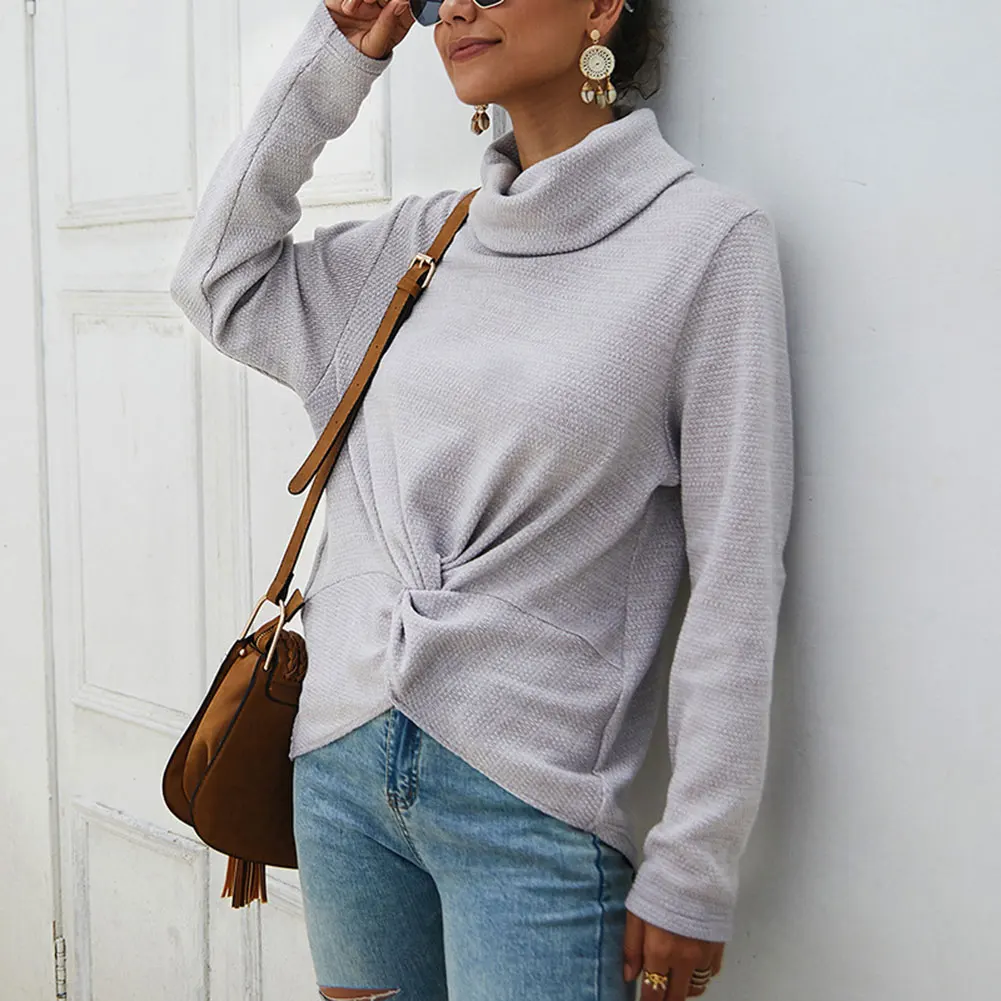 Новый женский Однотонный свитер с высоким воротником повседневные топы длинным