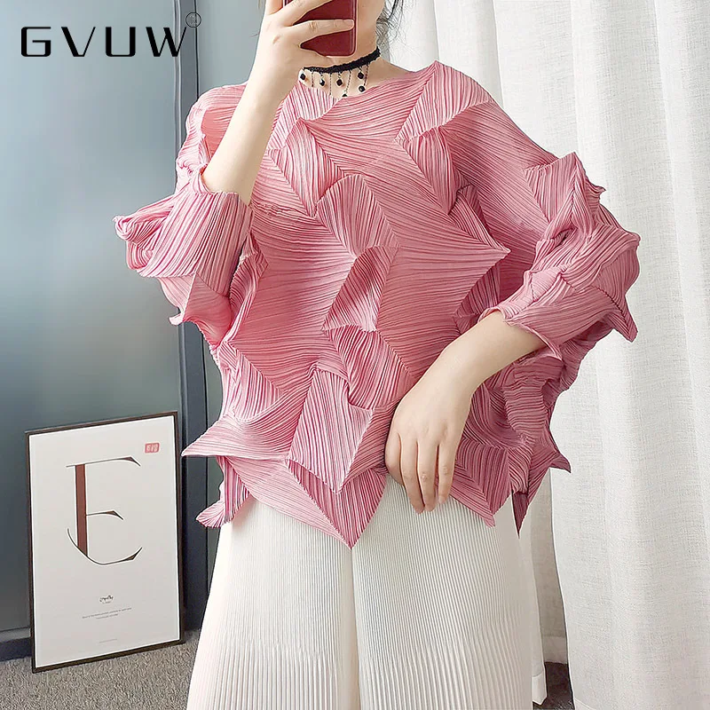 

Плиссированная рубашка Gvuw, топ 2021, круглая футболка, твердый литературный топ с рукавом реглан, Волшебный Топ, модная одежда
