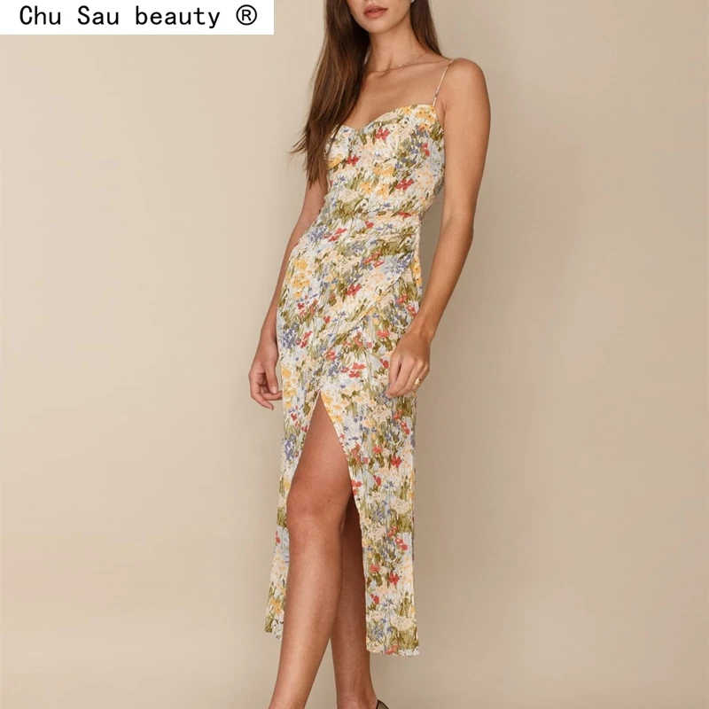 

2021 Summer New Women's New Vintage Floral Print Folds Irregular Camisole Long Dress Split Ends Sexy Female Fashion