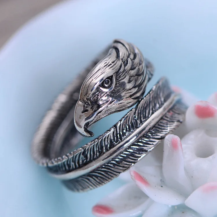 Мужское серебряное кольцо S925 регулируемое с перьями индийского орла
