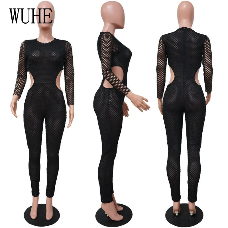 

WUHE Mesh See Through Jumpsuits Printed Fitness Side Hollow Out O Neck Long Sleeve Vintage Spliced Sports Wear Nightclub Party