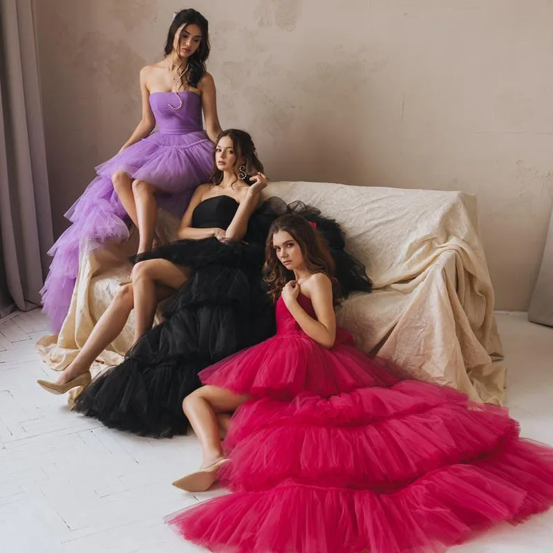 

Women Tulle Dress Strapless Prom Dress High Low Barbie Bridesmaids Dresses For Women Ball Gown Custom Purple Homecoming Dresses
