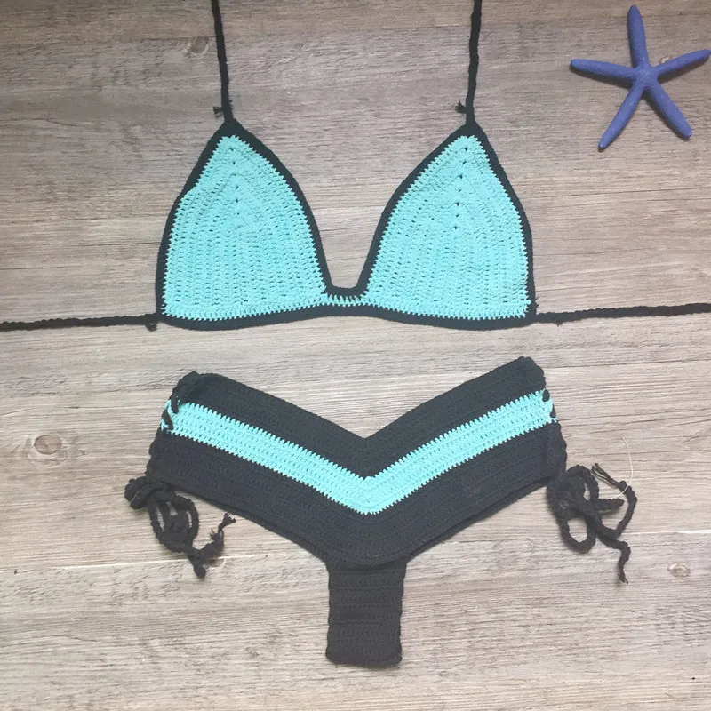 Вязаный крючком комплект бикини бандо с высокой талией купальник женский из двух