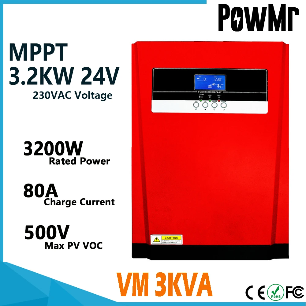 

PowMr MPPT Solar Hybrid Inverter 3200W Pure Sine Wave 80A Charge Controller 24VDC To 230VAC All in One Max 4000W PV Input 500V