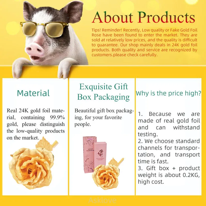Asklove 24-каратная Золотая фольга розовый цветок свадебное украшение подарок для