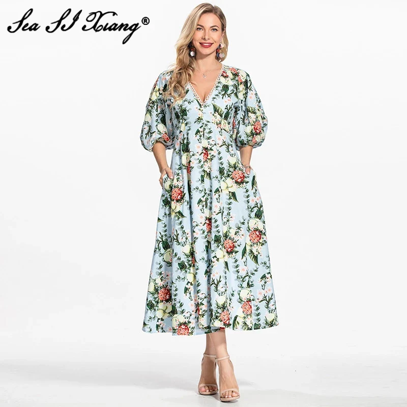 

Seasixiang Fashion Designer Summer Dress Women Sexy V-Neck Puff Sleeve Floral Print Bohemian Midi Dresses