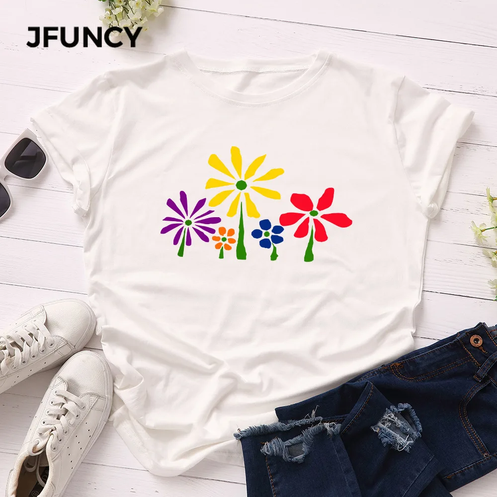 JFUNCY Women T-shirt Flower Print 100% Cotton Tops Summer Woman Tshirt  Loose Basic Tees Female Streetwear Tshirt