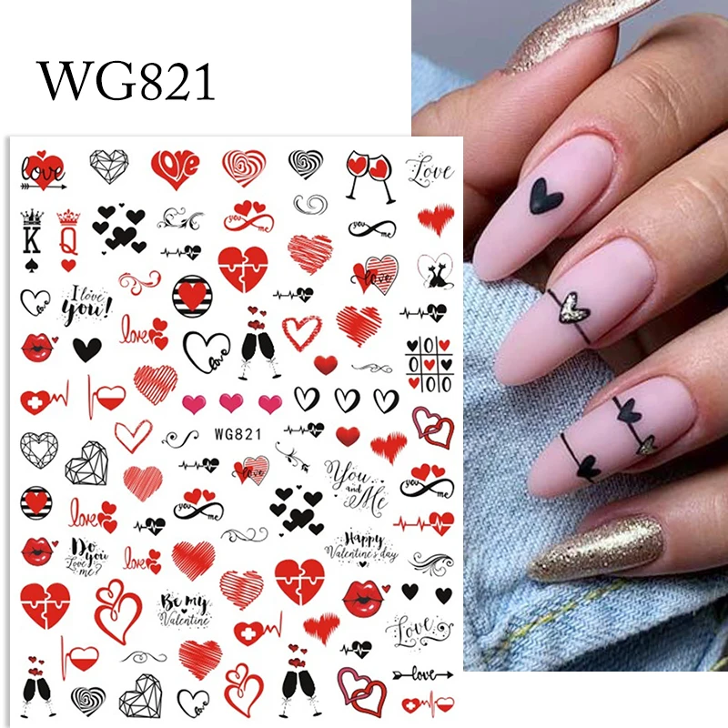 1PC 3D Nail Stickers Heart Love Self-Adhesive Slider Letters Nail Art Decorations Valentine's Day Decals Manicure Accessories