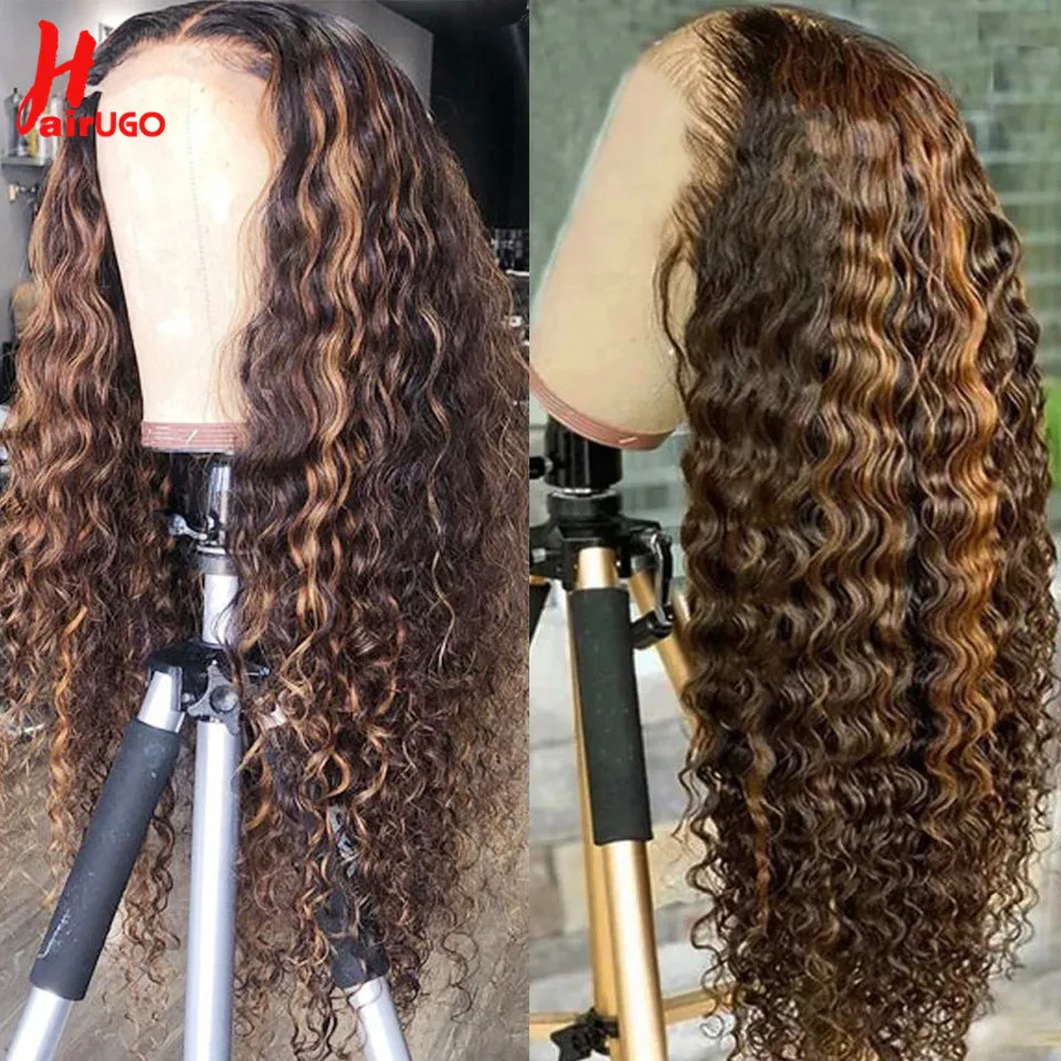 HairUgo Brazilian Highlight Deep Wave 4x4 Lace Closure Wig P4/27 Remy Wigs For Women Human Hair Preplucked Lace Front Wigs 150%