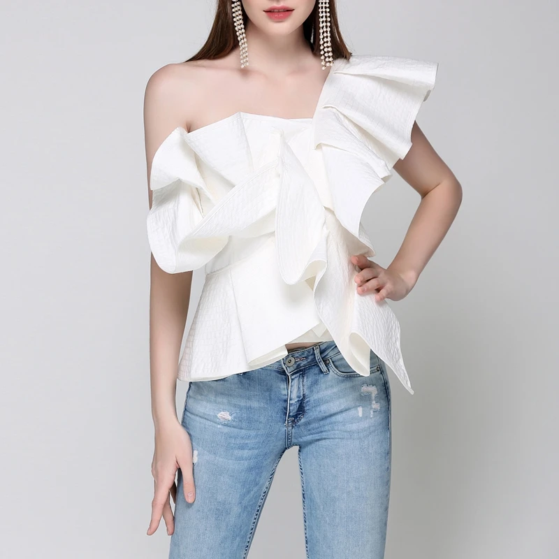 

Original Design Spring and Autumn Sexy Off-shoulder Three-dimensional Ruffle Blouse Irregular Slanted Shoulder Sleeveles Dress