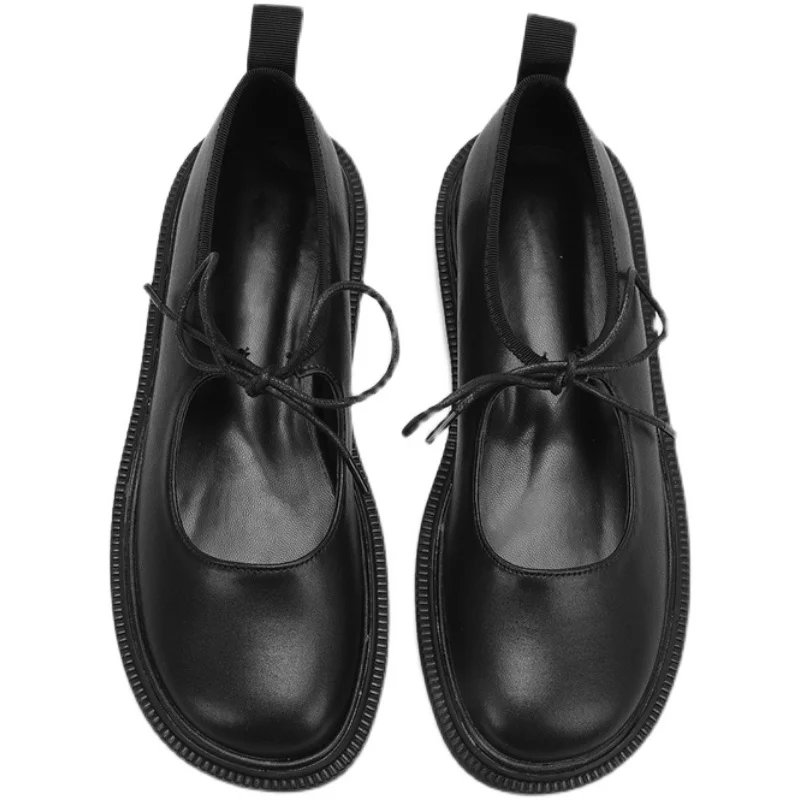 

Fashion 2021 Spring Black White PU Leather Mary Janes Women's Flats Round Toe Lace Up Loafers Solid Color Ladies Casual Shoes