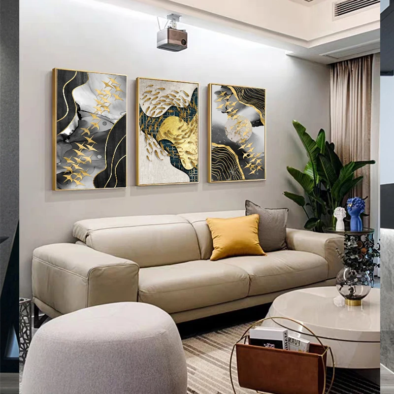 

Abstract Gold Fish Arround Marble Moon Canvas Art Modern Poster and Print Big Wall Art Pictures for Living Room Luxury Wall Art