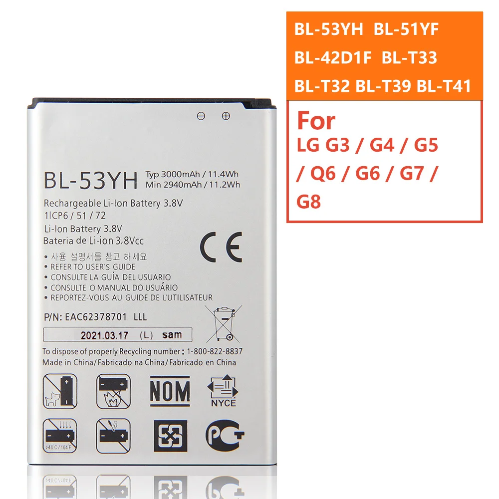 

Replacement Battery For LG G3 G4 G5 G6 G6Mini G7 G8 G820V G820N Q7+ LMQ610 H873 LS993 G600V Q6 M700N H868 LS992 F500K D850 D830