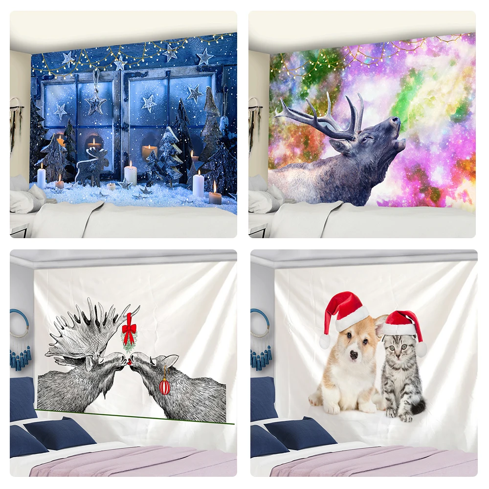

Christmas Animal Tapestry Wall Hanging Natural Snow Scene Colorful Art Psychedelic Mysterious Home Decor