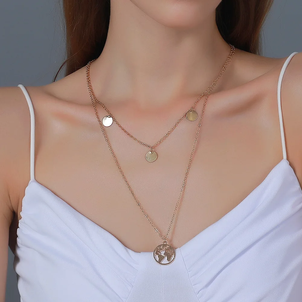 

Hot Selling Simple Alloy Double Necklace Fashion Geometric Trend Temperament Map Round Pendant Long Clavicle Chain