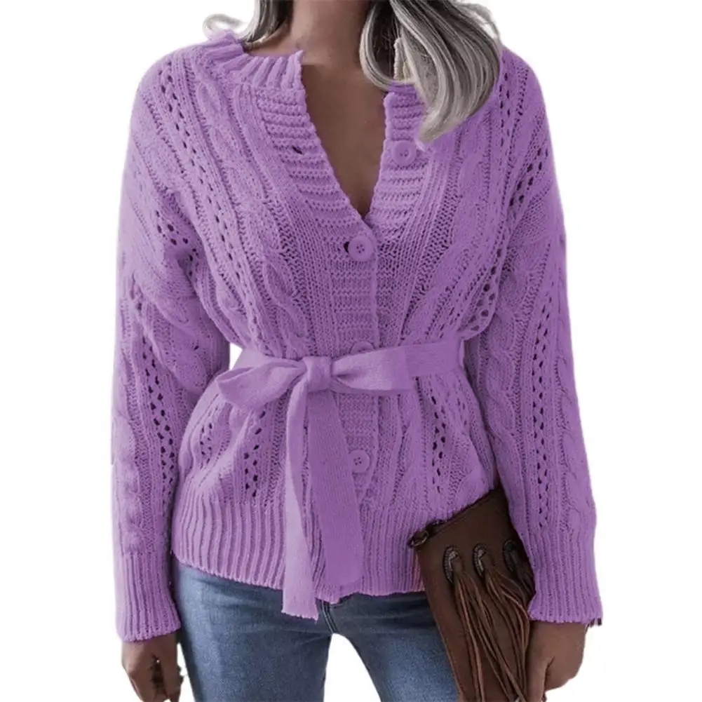 

Autumn Winter Classic Long Sleeve Women Knitted Top Stretchy Knitted Sweater Criss-Cross Belt for Daily Wear
