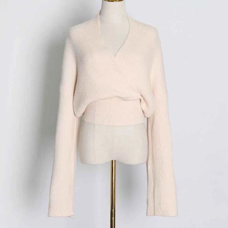 

SeeBeautiful Loose Knitted Sweater Crossing V-neck Long Sleeve Stitching Simple New Fashion Autumn 2021 Women T960