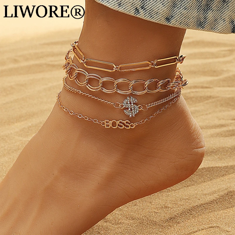Liwore Fashion Multilayer Chain Anklet Set For Women Metal Zircon Geometry Crystal Anklet Summer Beach Bracelet Anklet Jewelry liwore retro exaggerated round bead chain bracelet set for women oversized multilayer beaded gold ladies bracelet jewelry