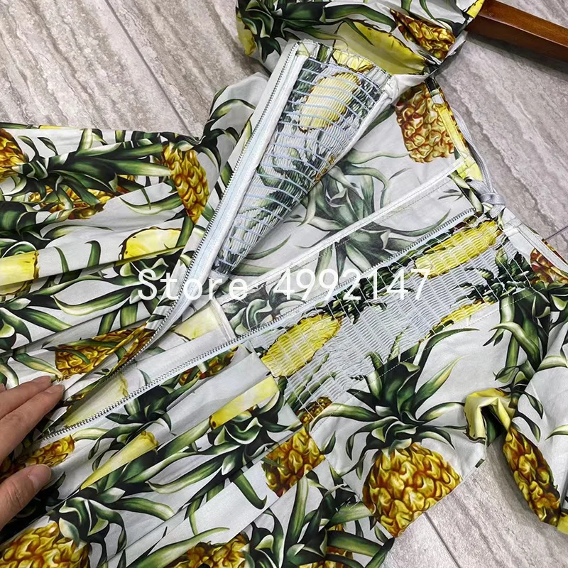 

2021 summer runway pineapple printed slash neck short puff sleeve dresses French vintage elegant lace-up swing dress y637