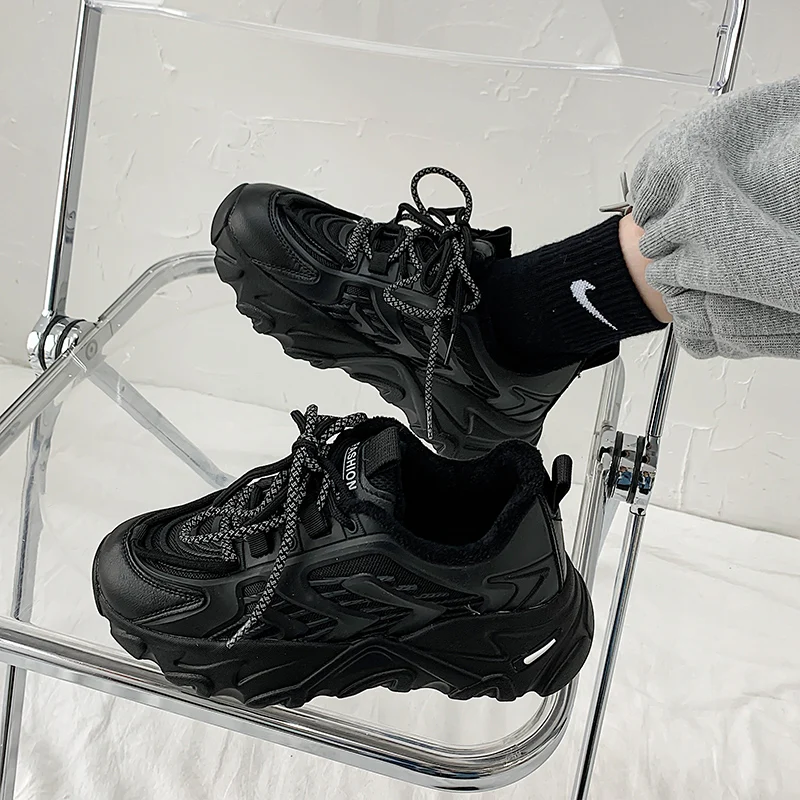 

Туфли elvet Dad женские зимние модные 2021 Новые весенние и осенние черные на платформе увеличивающие рост спортивные туфли для отдыха из двух хл...