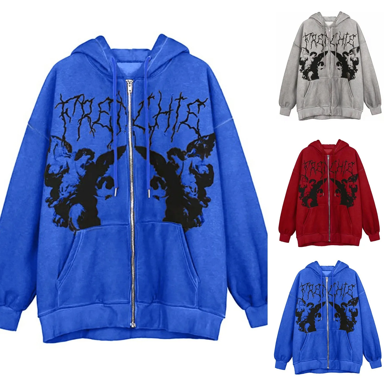 

Vintage Angel Print Women Hip Hop Streetwear Full Zip Oversized Hoodie Printed Y2k Sweatshirt Long Sleeve Punk Jacket Coat 93#Q